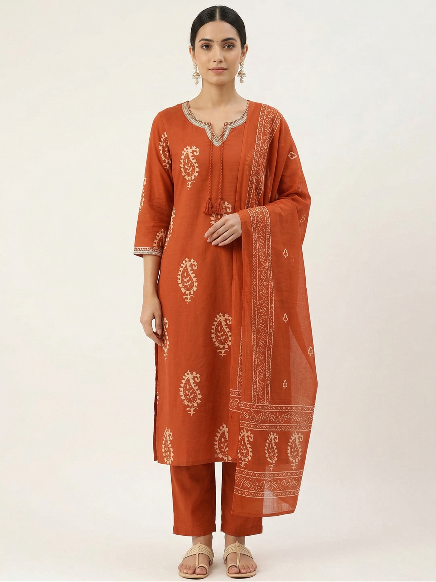 Rust Jaipuri Cotton Kurta Set with V-Neck Mirror Work & Printed Dupatta – 3 Piece Ethnic Wear