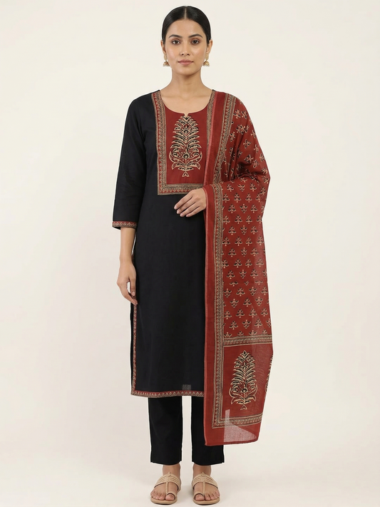 Black Jaipuri Cotton Kurta Set with Handworked Neck & Ajrak Print Dupatta – 3 Piece Ethnic Wear