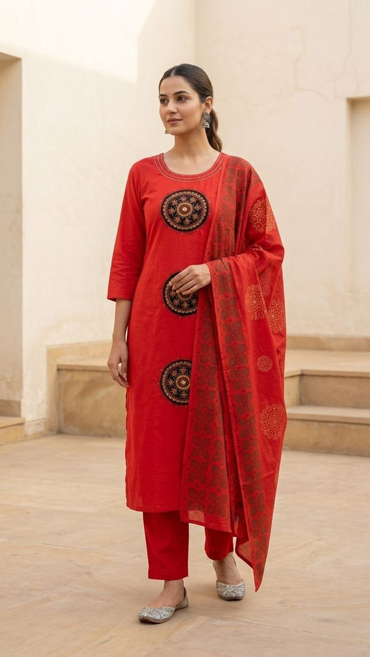 Red Dabu Print Cotton A-Line Kurta Set with Printed Dupatta – 3 Piece Set