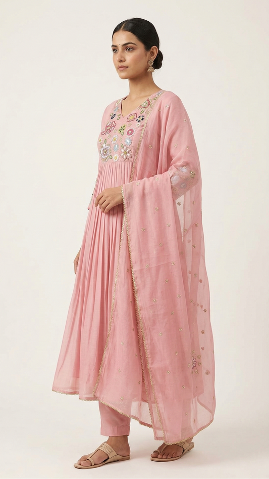 Blush Pink Mul Chanderi A-Line Kurta Set with Floral Thread Work & Embroidered Dupatta – 3 Piece Ethnic Wear
