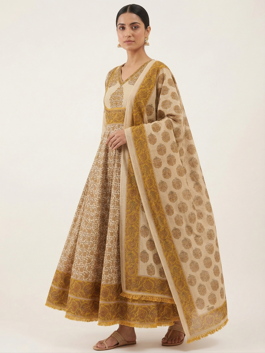 Beige & Mustard Jaipuri Cotton Anarkali Kurta Set with Printed Dupatta – Frock Style 3 Piece Set