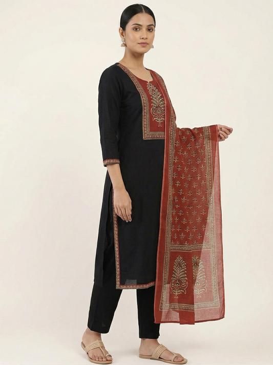 Black Jaipuri Cotton Kurta Set with Handworked Neck & Ajrak Print Dupatta – 3 Piece Ethnic Wear