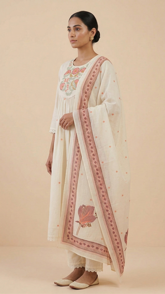Ivory Mul Cotton Kurta Set with Floral Thread Work & Printed Cotton Dupatta – 3 Piece Ethnic Wear