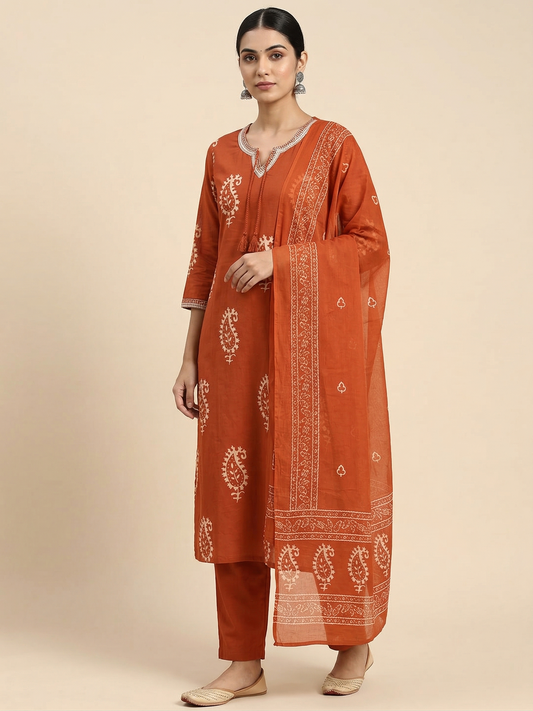 Rust Jaipuri Cotton Kurta Set with V-Neck Mirror Work & Printed Dupatta – 3 Piece Ethnic Wear