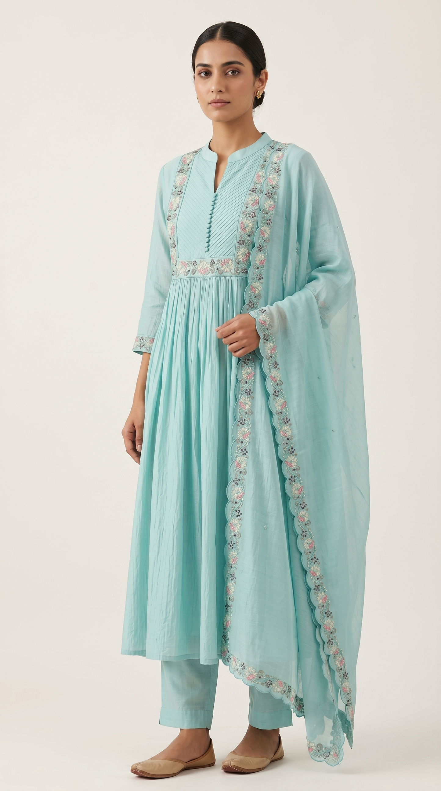 Mint Green Mul Chanderi A-Line Kurta Set with Cutwork Dupatta – 3 Piece Set