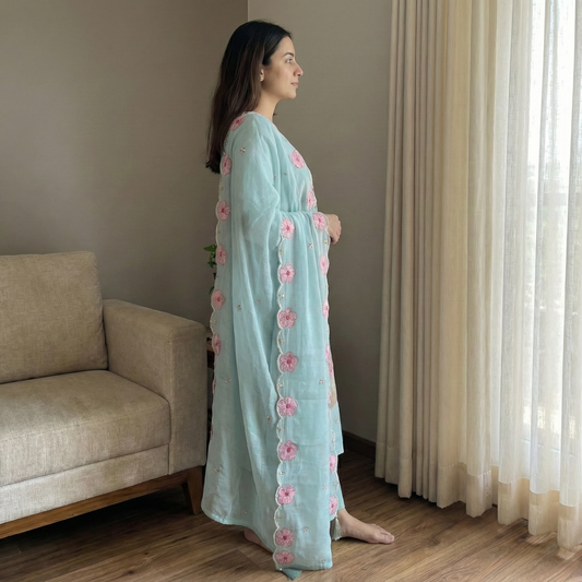 Aqua Swan Embroidered Mul Chanderi Set | Thread & Cut Dana Work | 3-Piece Festive Suit