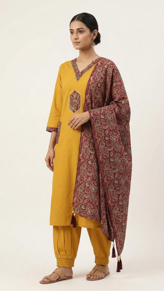 Mustard Cotton A-Line Kurta Set with Pocket & Ajrak Print Dupatta – 3 Piece Ethnic Wear