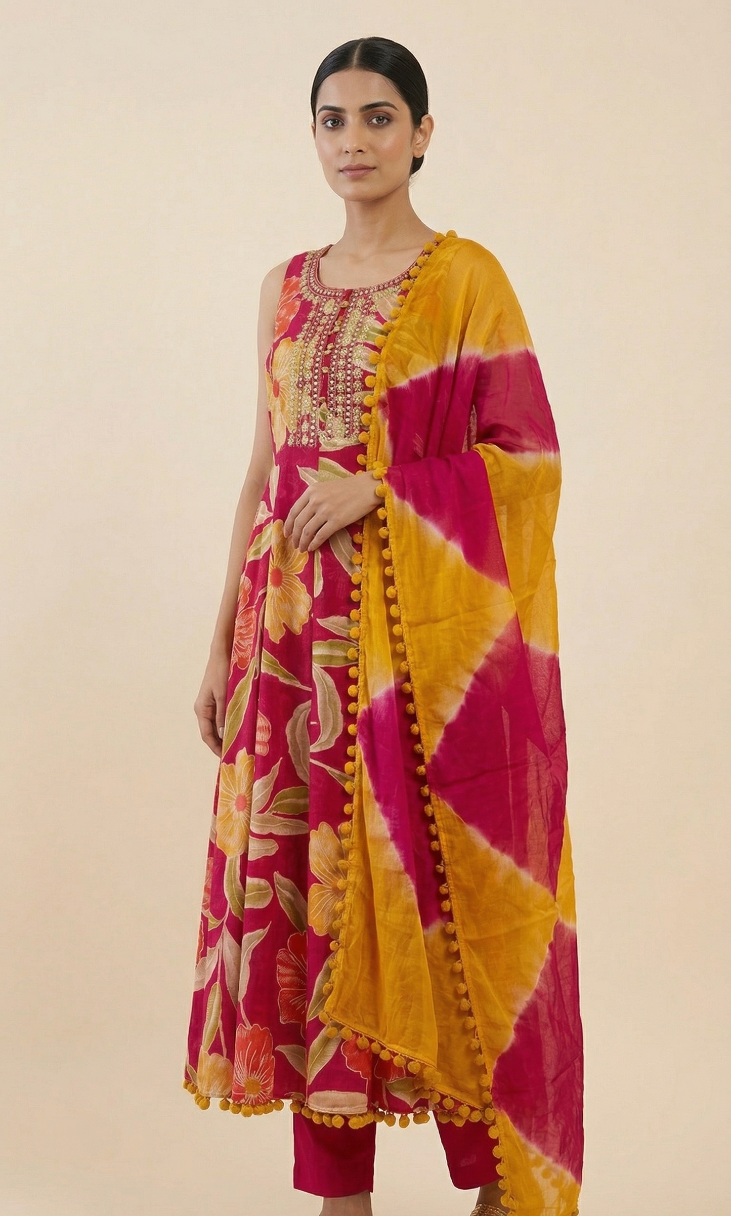 Pink Floral Sleeveless Anarkali Kurta Set with Tie-Dye Chiffon Dupatta – 3 Piece Set