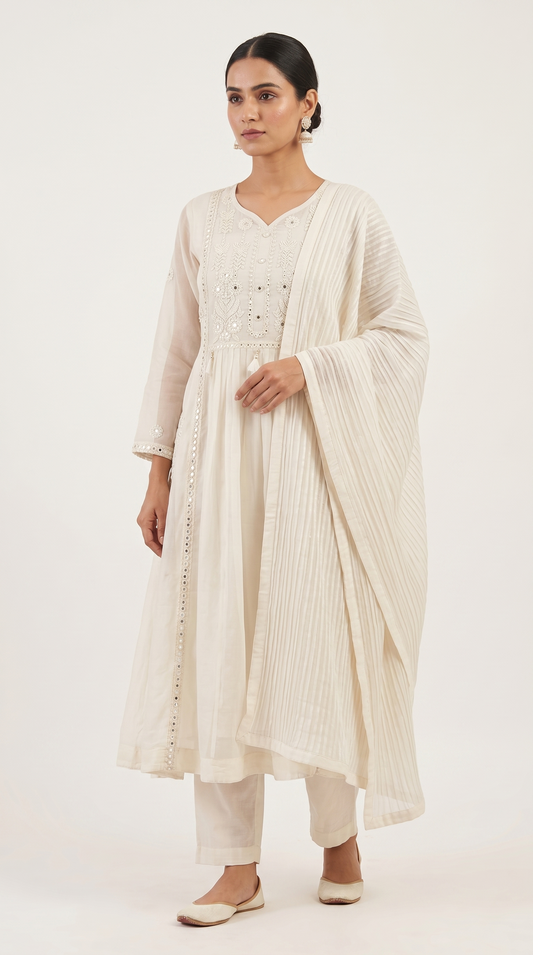 Off White Mul Cotton Anarkali Kurta Set with Mirror & Thread Work – 3 Piece Set