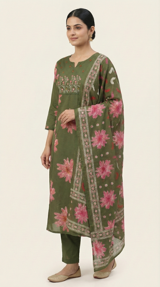 Olive Green Floral Print Pure Cotton Kurta Set with Embroidered Neck & Dupatta – 3 Piece Ethnic Wear