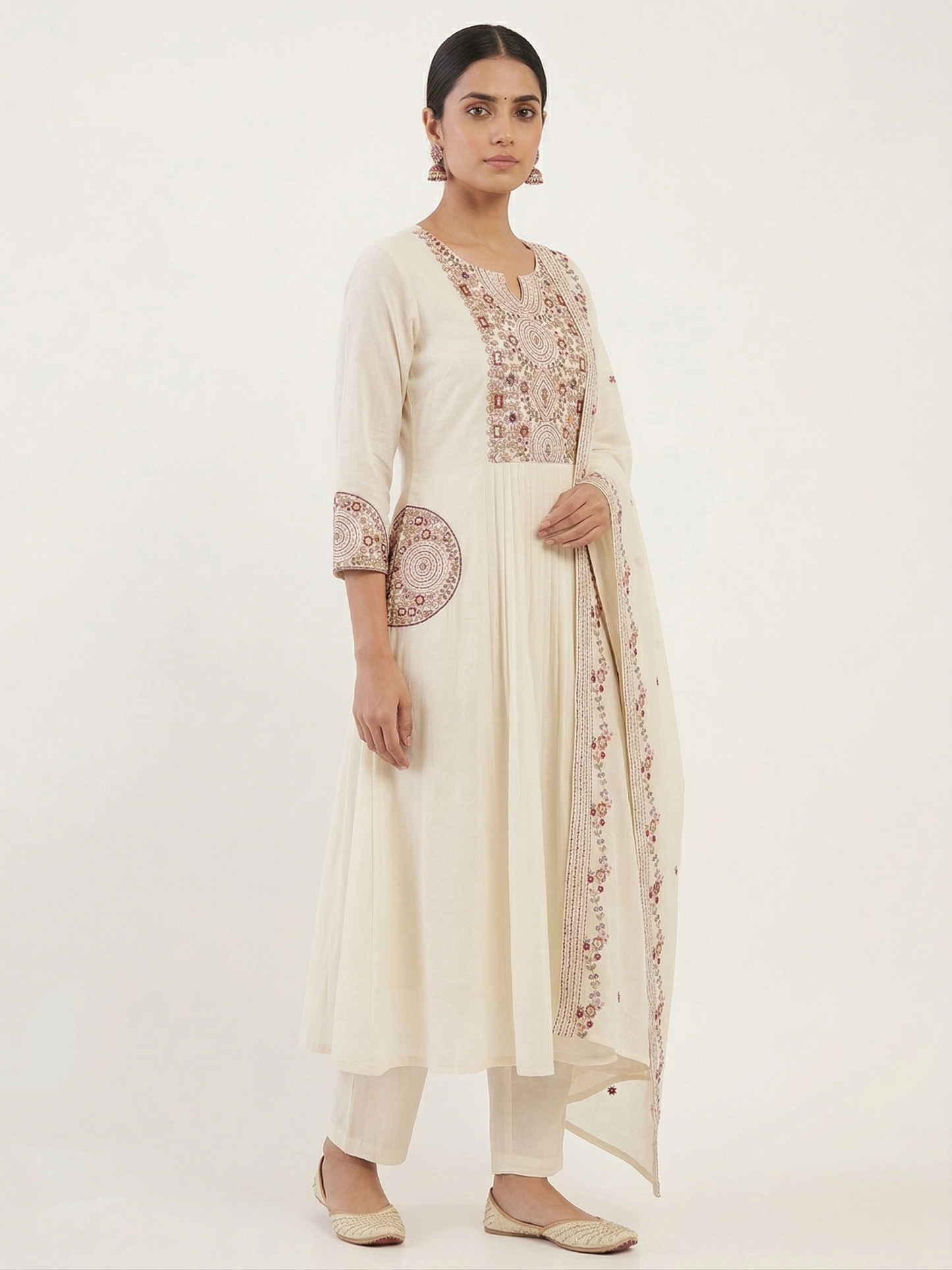 Ivory Mul Chanderi A-Line Kurta Set with Intricate Thread Work & Embroidered Dupatta – 3 Piece Ethnic Wear