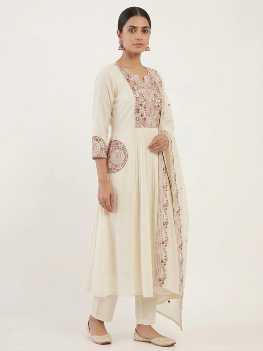 Ivory Mul Chanderi A-Line Kurta Set with Intricate Thread Work & Embroidered Dupatta – 3 Piece Ethnic Wear