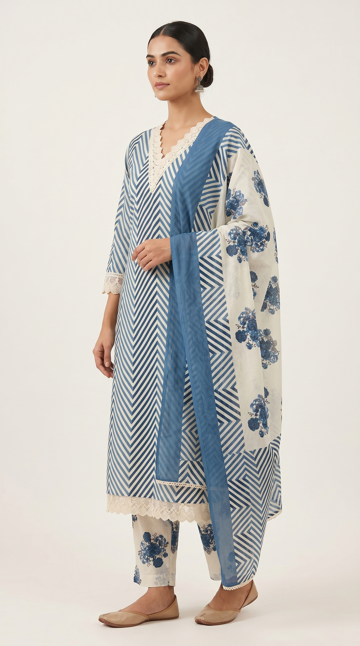 Blue Lehriya Print Cotton Kurta Set with Floral Dupatta – 3 Piece Set