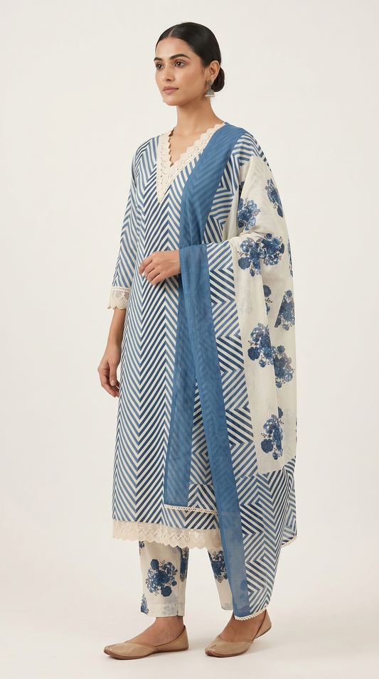 Blue Lehriya Print Cotton Kurta Set with Floral Dupatta – 3 Piece Set