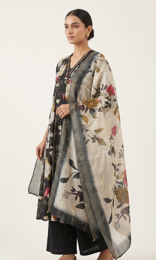 Black Floral Digital Print Kurta Set with V-Neck Handwork & Organza Dupatta – A-Line 3 Piece Set