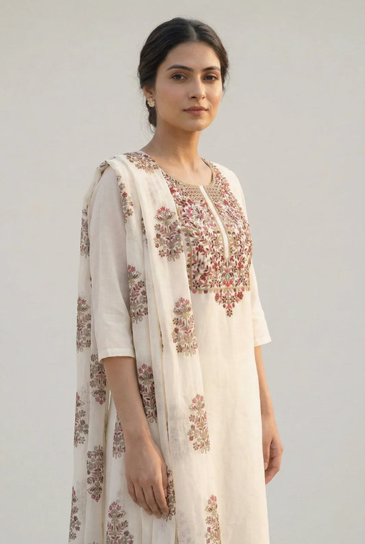 Ivory Chiffon Kurti with Kashmiri Floral Embroidery – Elegant Festive & Casual Ethnic Wear for Women