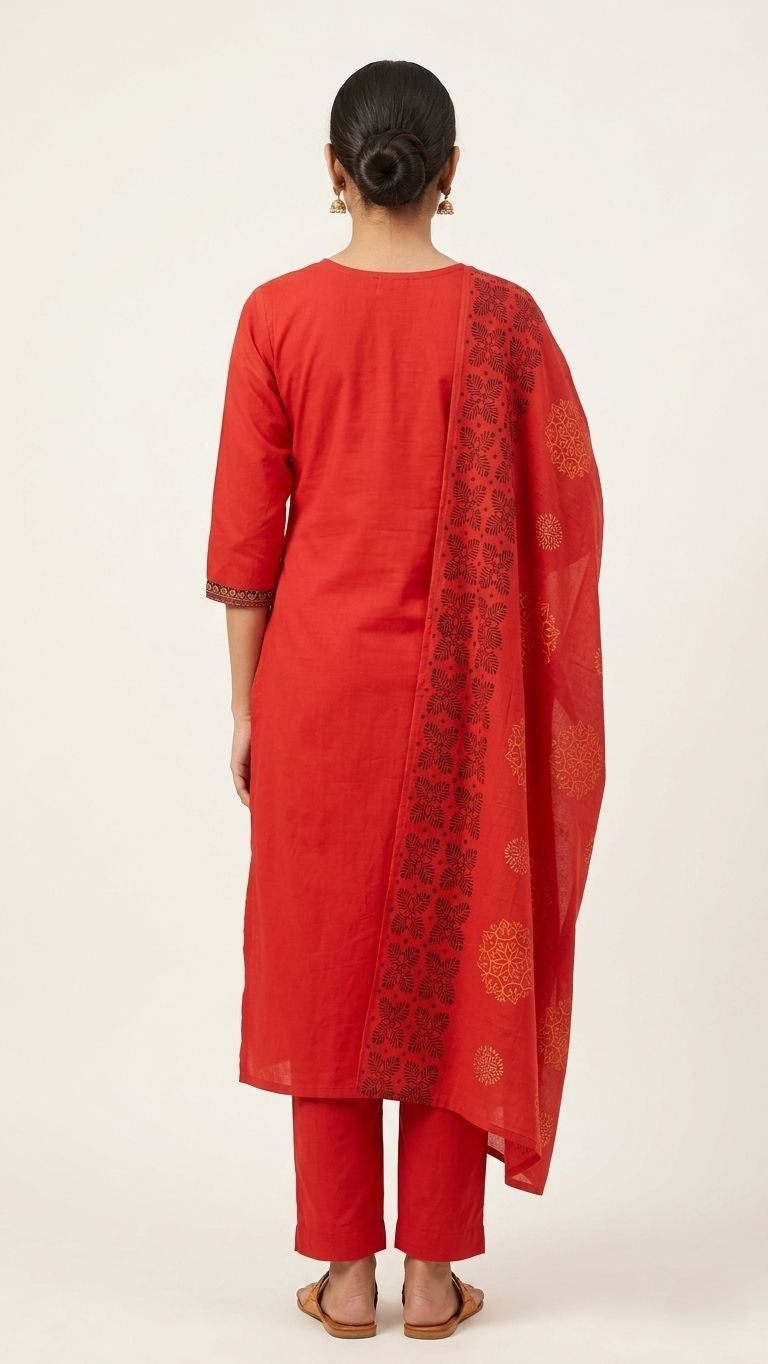 Red Dabu Print Cotton A-Line Kurta Set with Printed Dupatta – 3 Piece Set