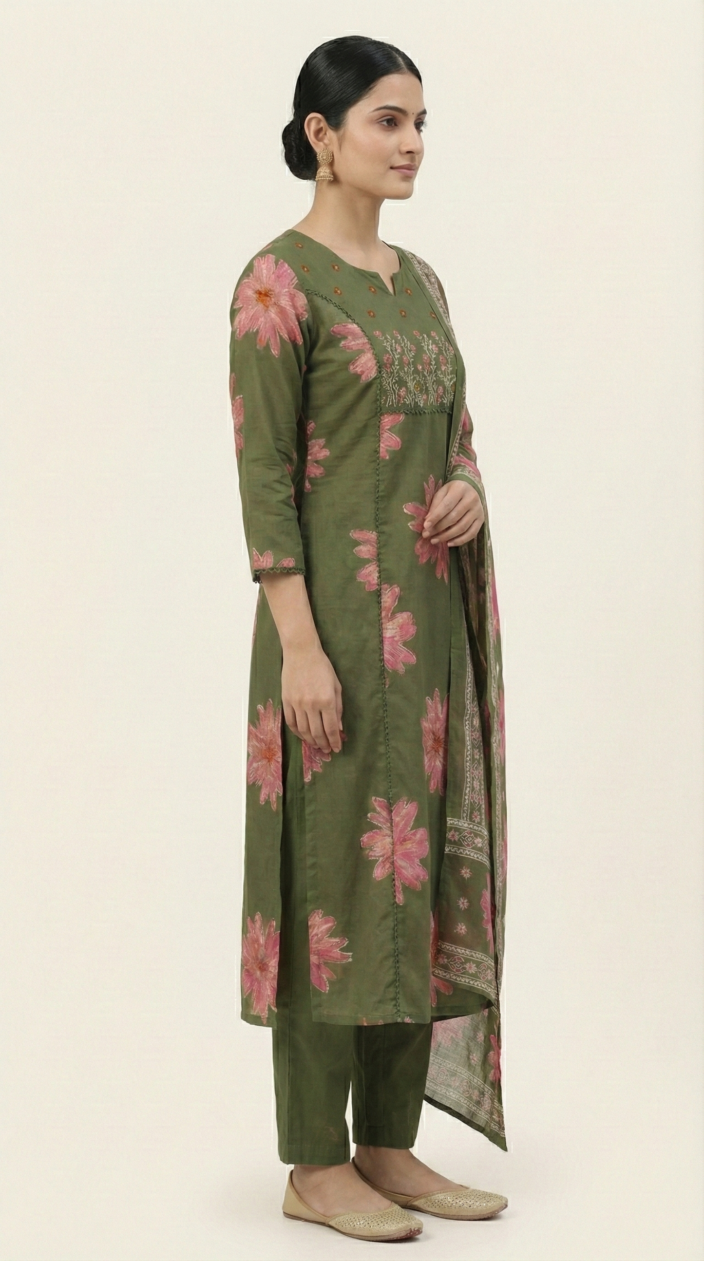 Olive Green Floral Print Pure Cotton Kurta Set with Embroidered Neck & Dupatta – 3 Piece Ethnic Wear