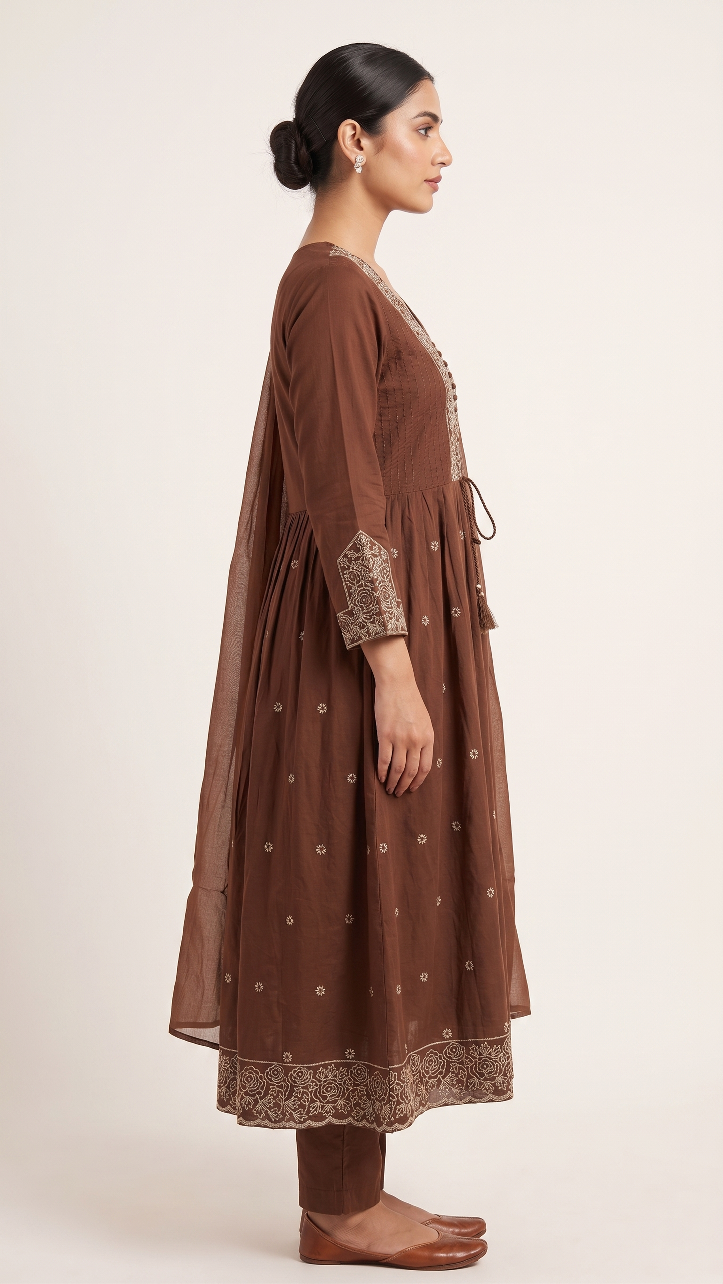 Chocolate Brown Mul Cotton A-Line Kurta Set with Thread Work & Dupatta – 3 Piece Set