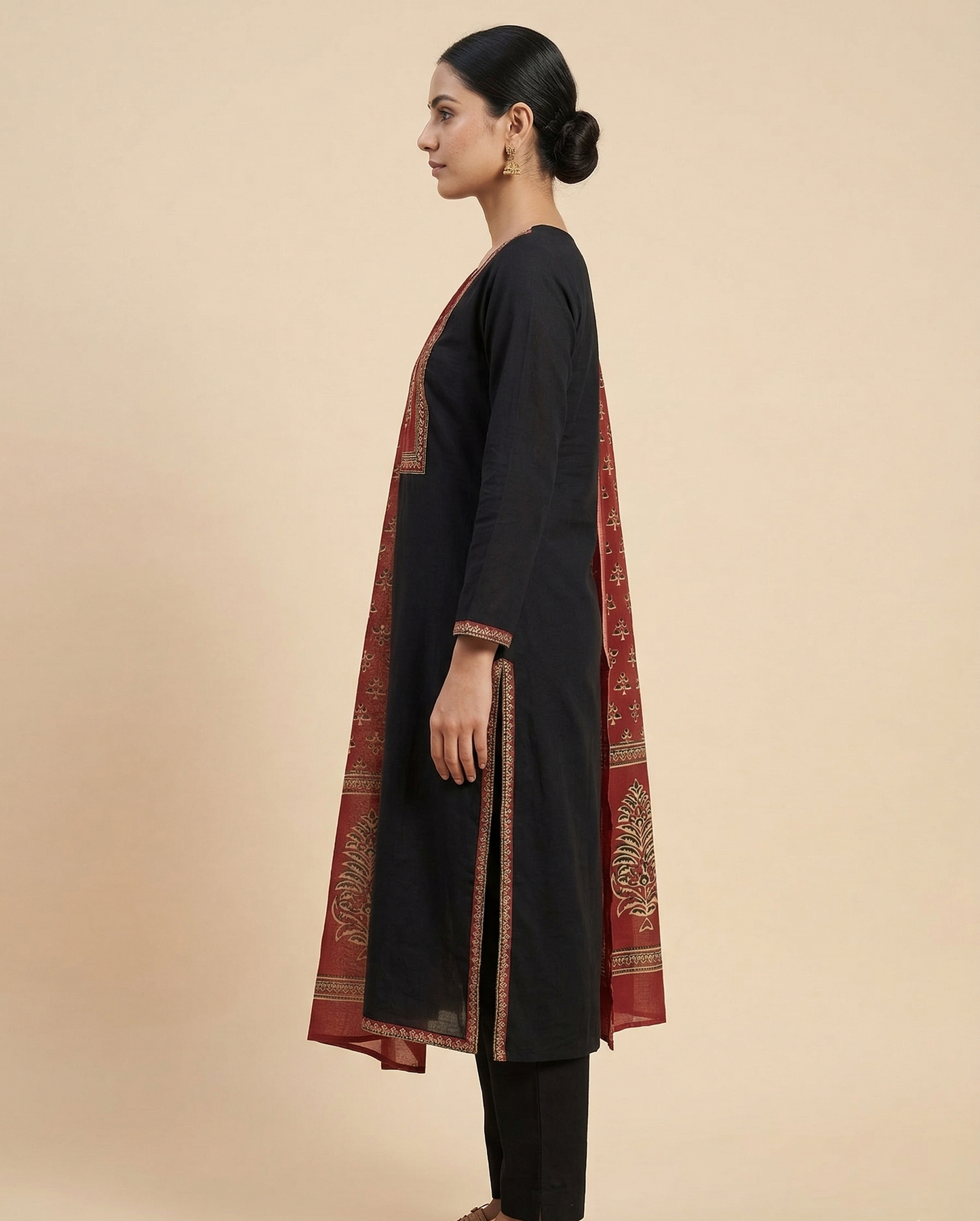 Black Jaipuri Cotton Kurta Set with Handworked Neck & Ajrak Print Dupatta – 3 Piece Ethnic Wear