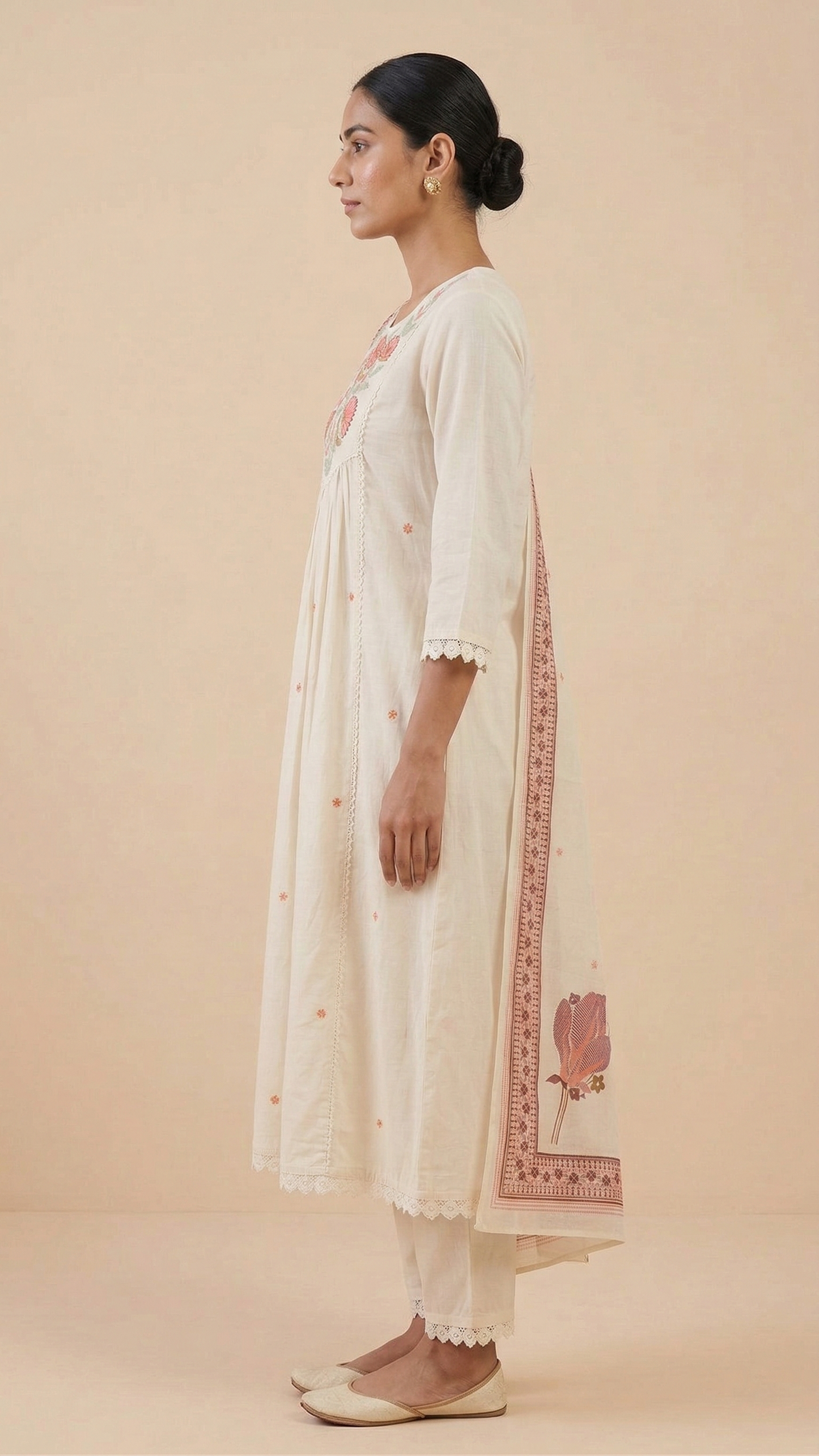 Ivory Mul Cotton Kurta Set with Floral Thread Work & Printed Cotton Dupatta – 3 Piece Ethnic Wear