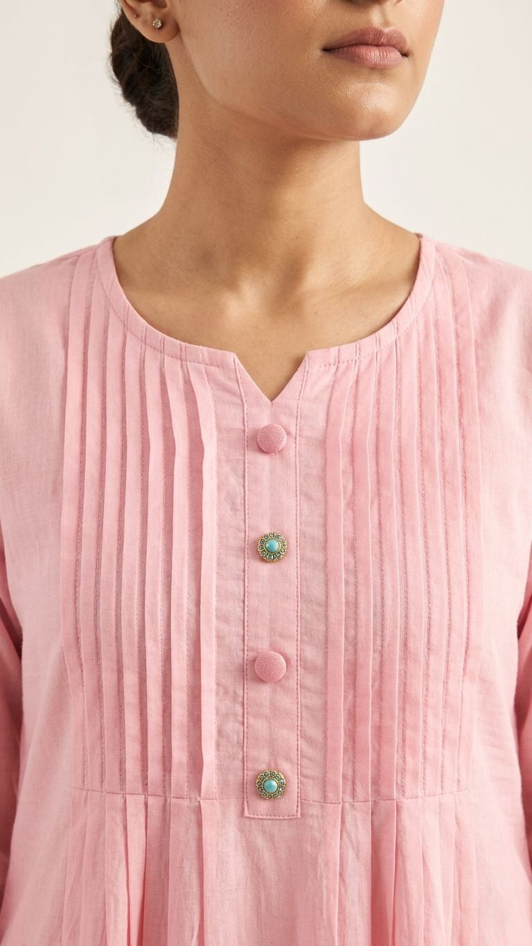 Blush Pink Mul Chanderi A-Line Kurta Set with Embroidery – 3 Piece Set