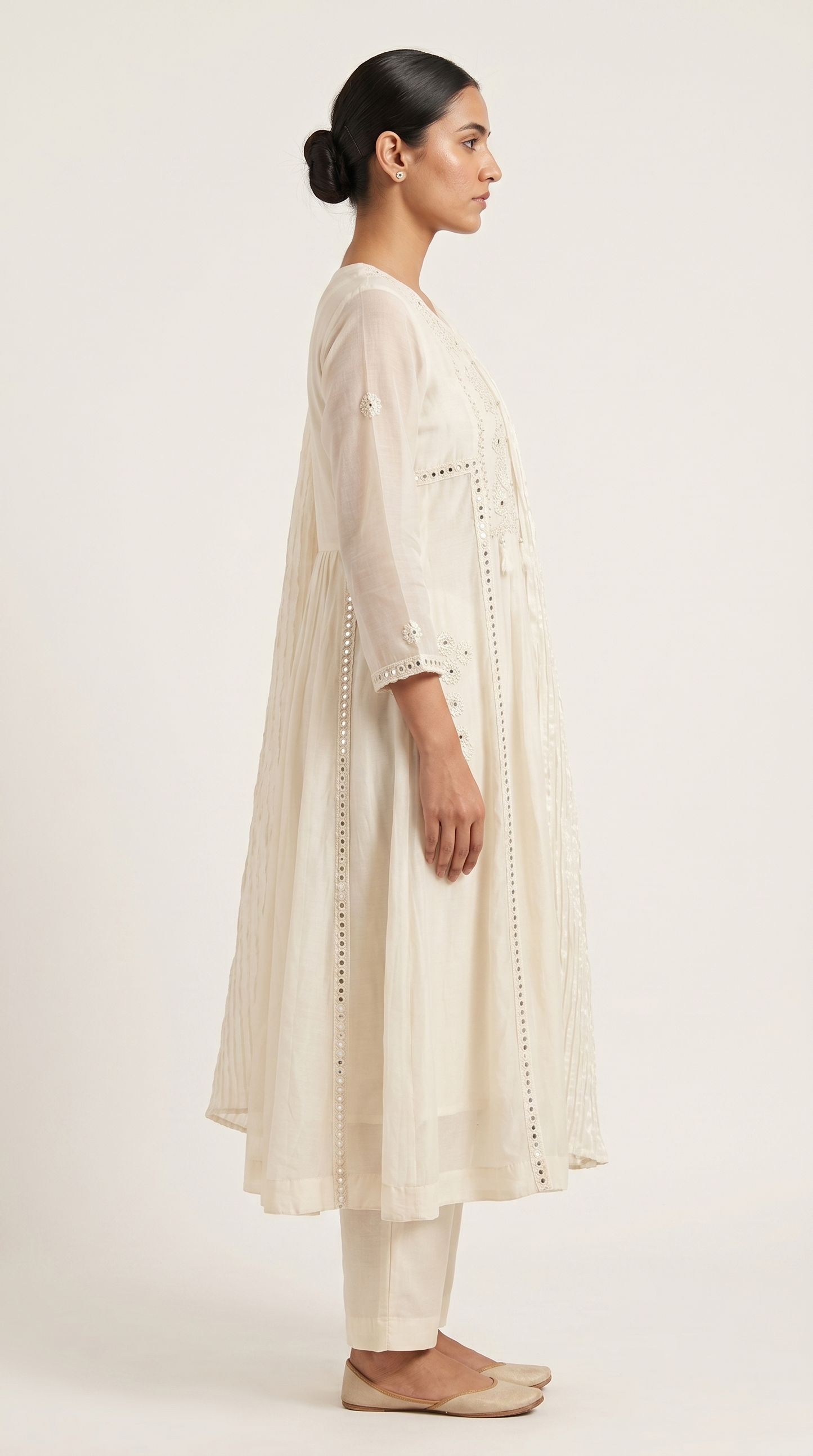 Off White Mul Cotton Anarkali Kurta Set with Mirror & Thread Work – 3 Piece Set