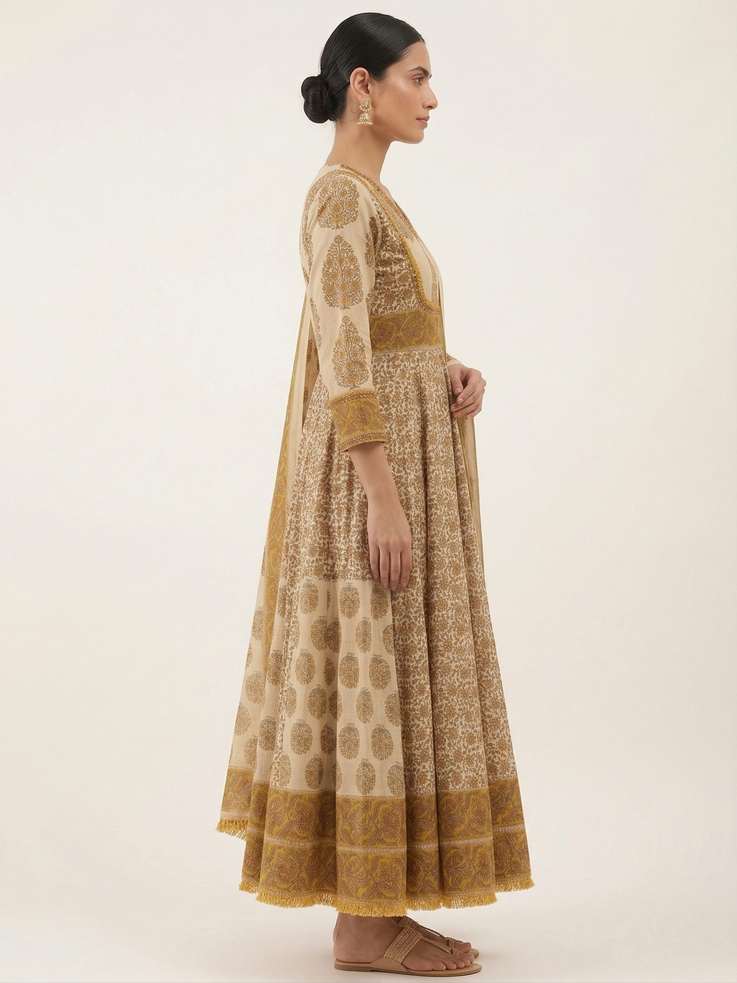 Beige & Mustard Jaipuri Cotton Anarkali Kurta Set with Printed Dupatta – Frock Style 3 Piece Set