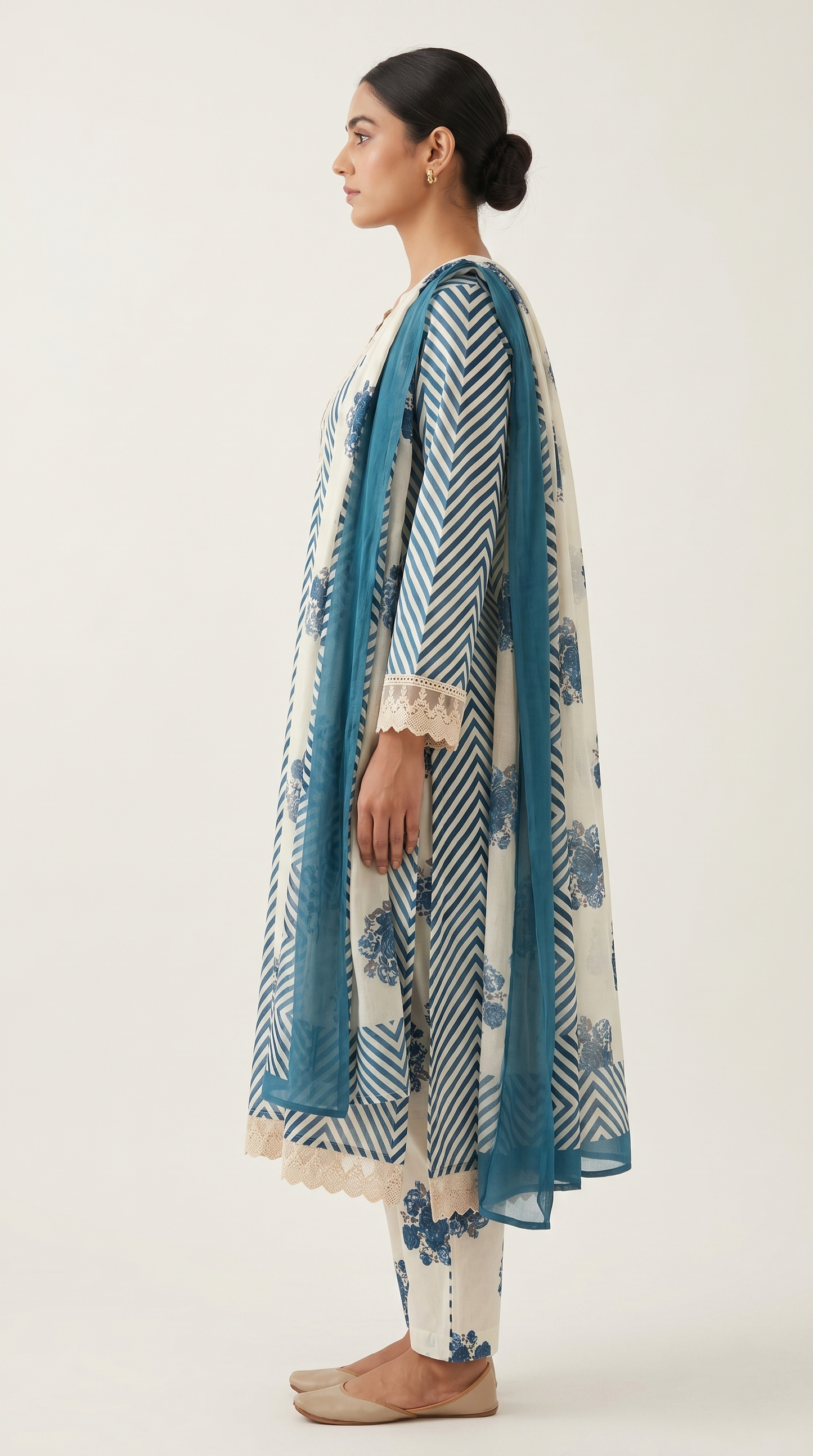 Blue Lehriya Print Cotton Kurta Set with Floral Dupatta – 3 Piece Set