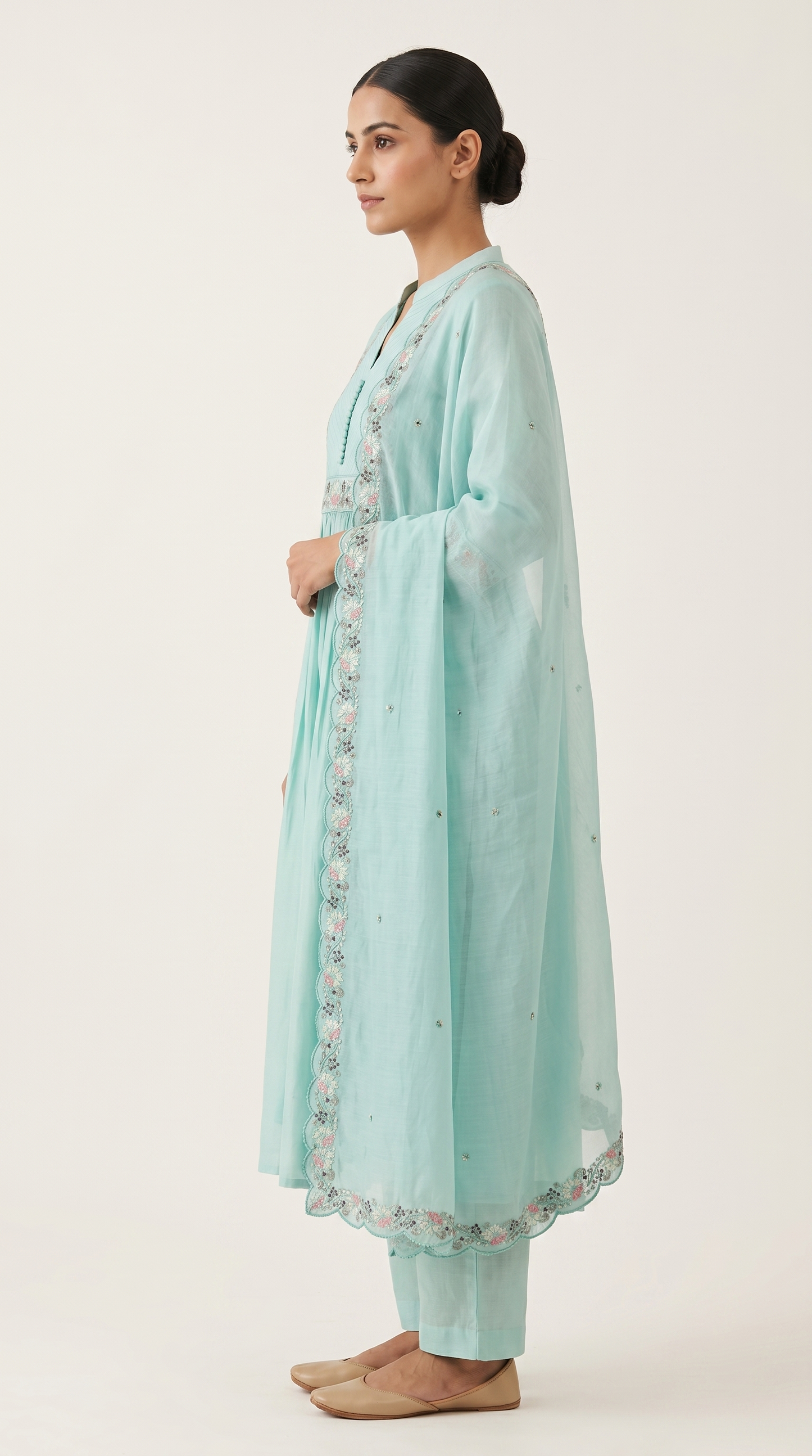 Mint Green Mul Chanderi A-Line Kurta Set with Cutwork Dupatta – 3 Piece Set