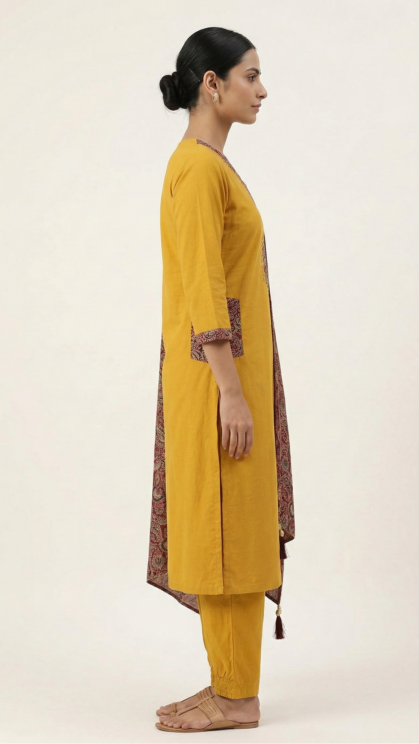 Mustard Cotton A-Line Kurta Set with Pocket & Ajrak Print Dupatta – 3 Piece Ethnic Wear