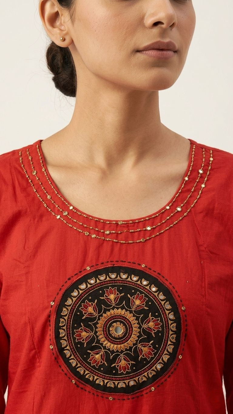 Red Dabu Print Cotton A-Line Kurta Set with Printed Dupatta – 3 Piece Set