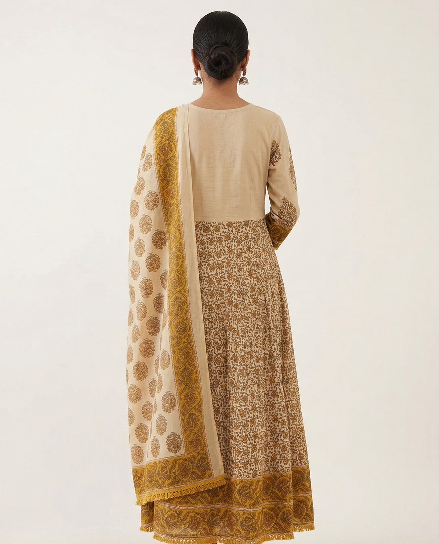 Beige & Mustard Jaipuri Cotton Anarkali Kurta Set with Printed Dupatta – Frock Style 3 Piece Set