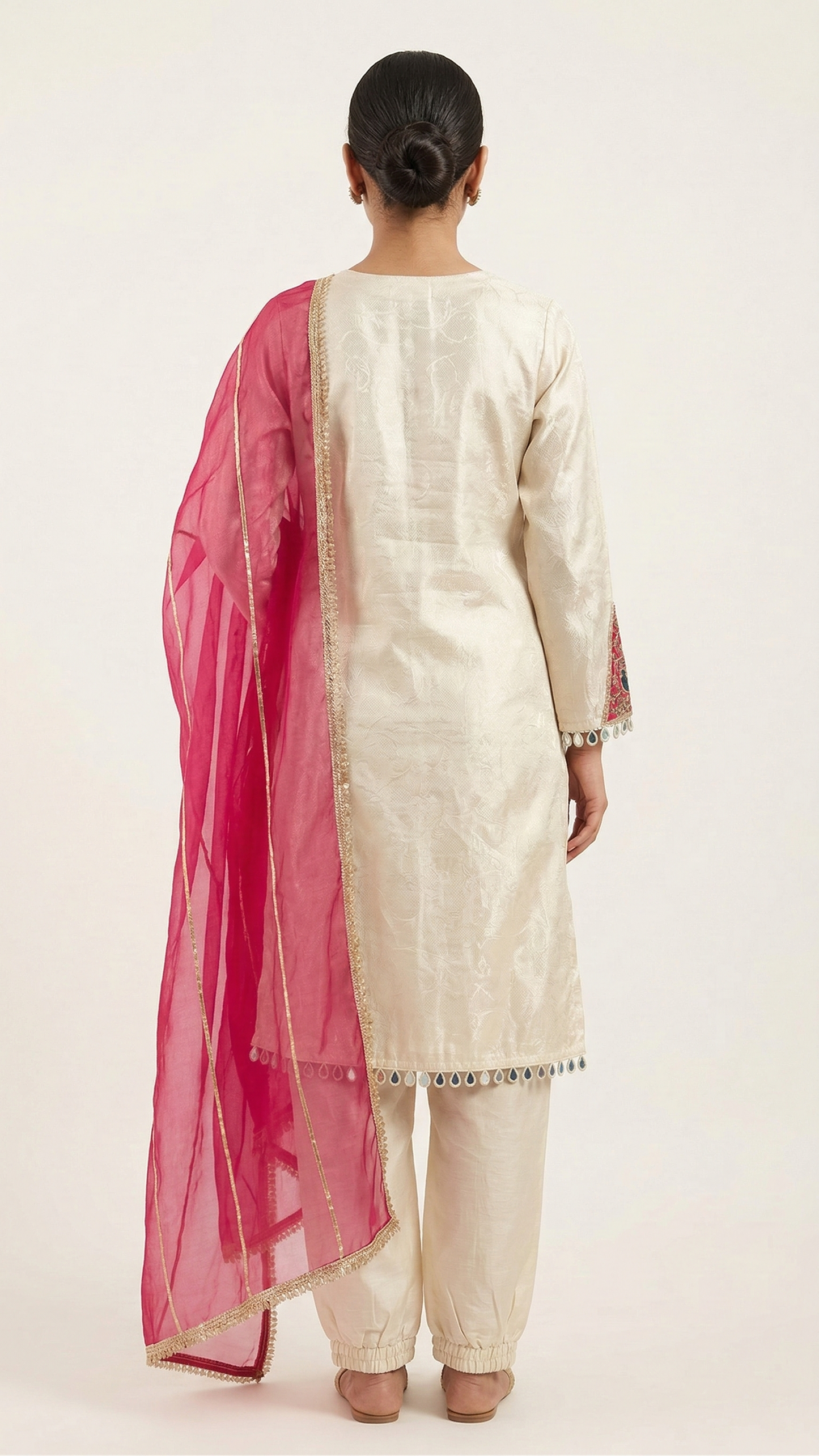 Ivory Jacquard Kurta Set with Patch Work & Organza Gota Dupatta – 3 Piece Festive Ethnic Wear