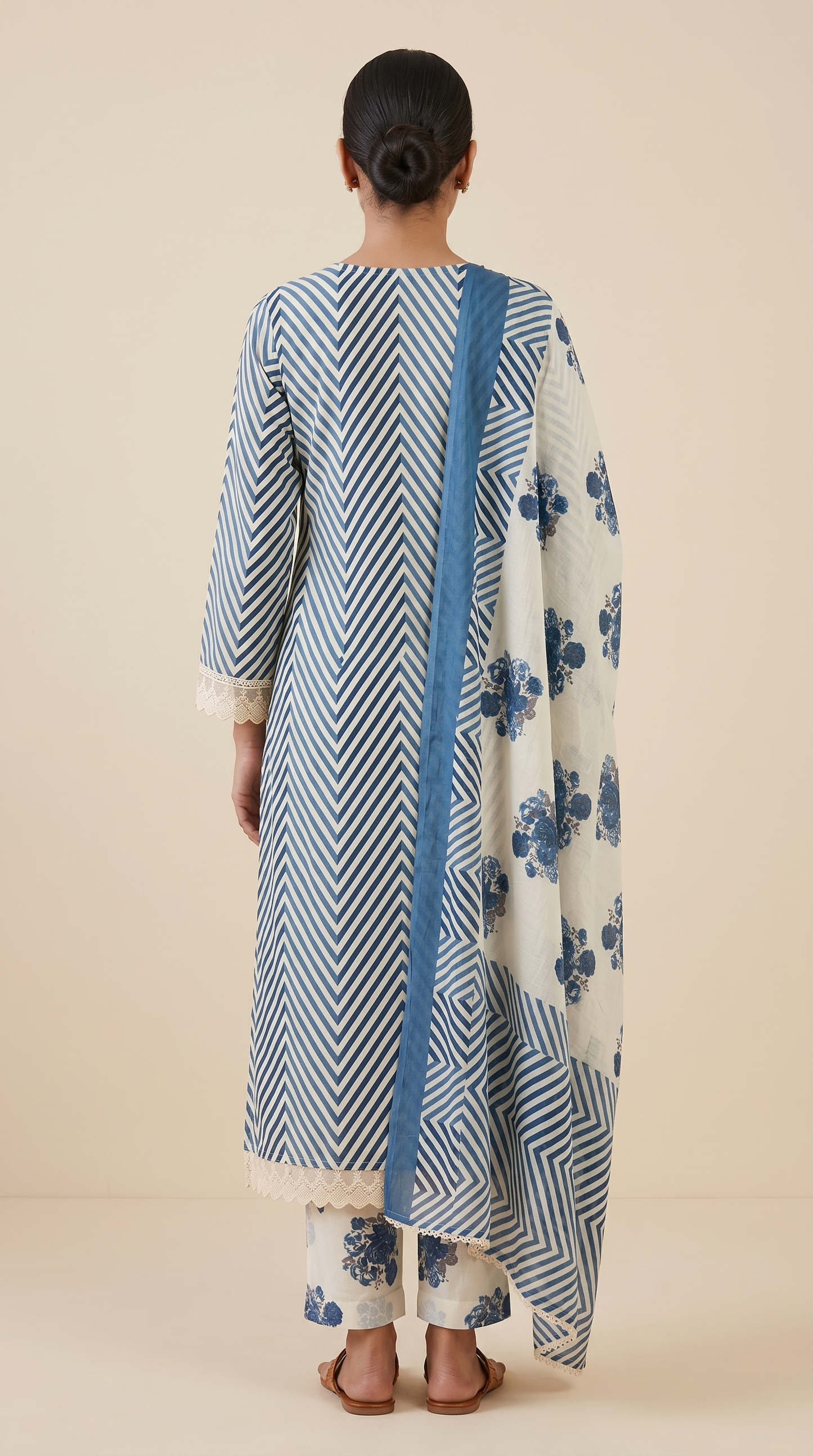 Blue Lehriya Print Cotton Kurta Set with Floral Dupatta – 3 Piece Set