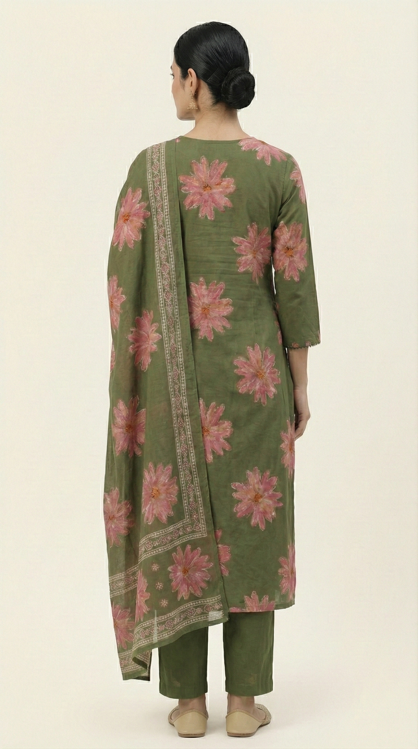 Olive Green Floral Print Pure Cotton Kurta Set with Embroidered Neck & Dupatta – 3 Piece Ethnic Wear