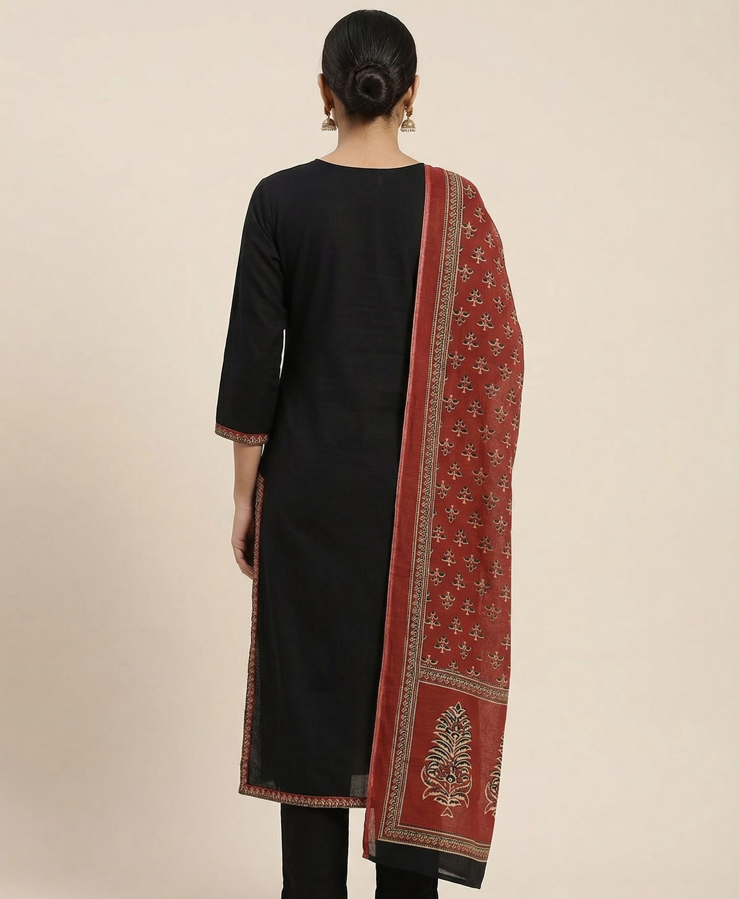 Black Jaipuri Cotton Kurta Set with Handworked Neck & Ajrak Print Dupatta – 3 Piece Ethnic Wear