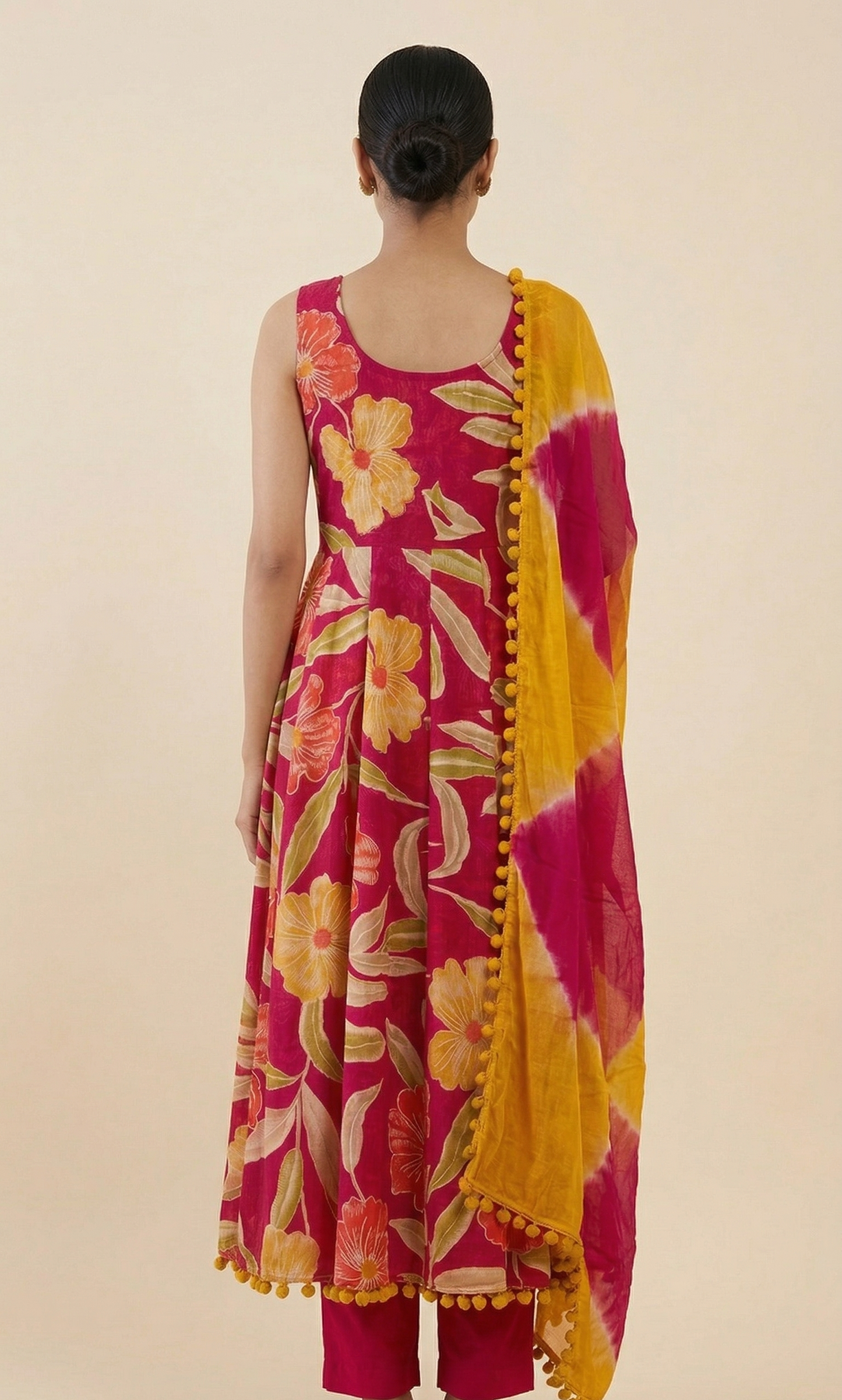 Pink Floral Sleeveless Anarkali Kurta Set with Tie-Dye Chiffon Dupatta – 3 Piece Set