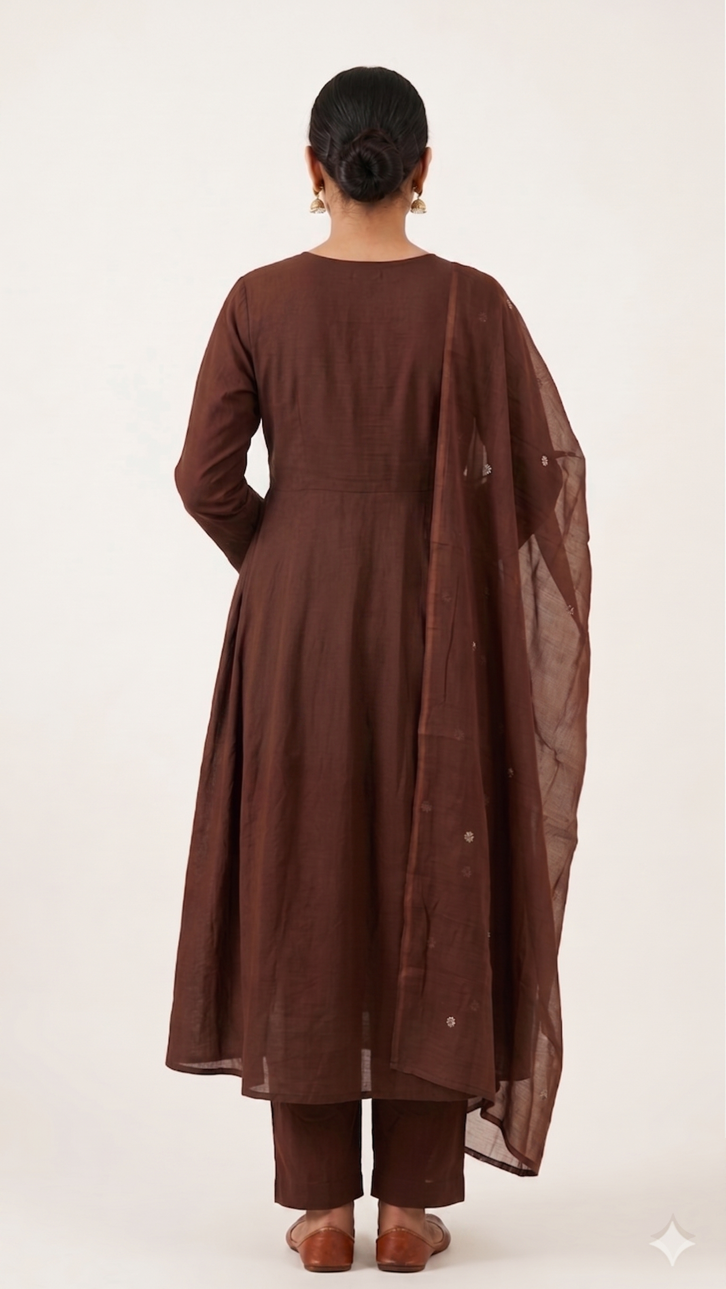 Chocolate Brown Mul Cotton A-Line Kurta Set with Thread Work & Dupatta – 3 Piece Set