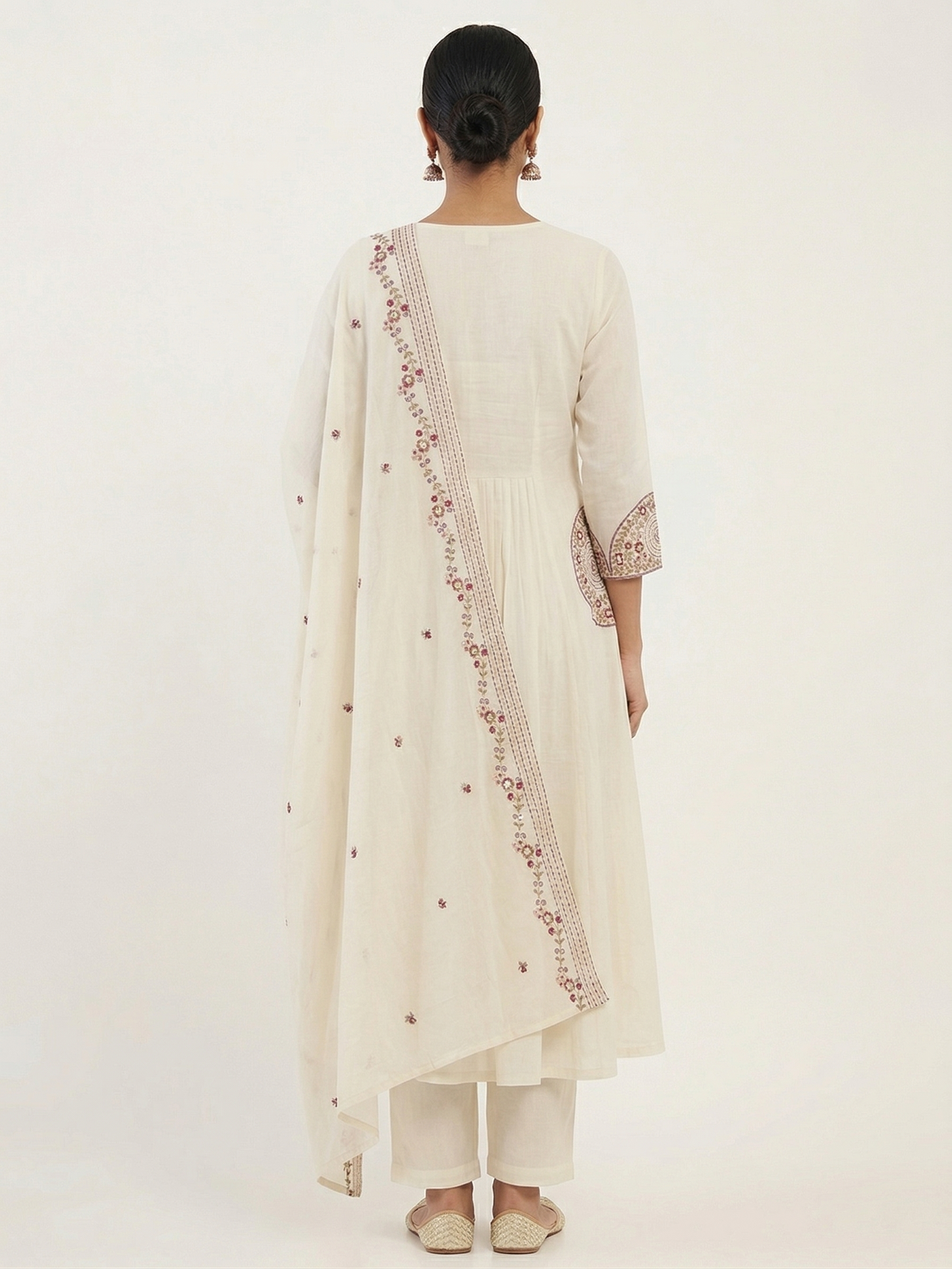 Ivory Mul Chanderi A-Line Kurta Set with Intricate Thread Work & Embroidered Dupatta – 3 Piece Ethnic Wear