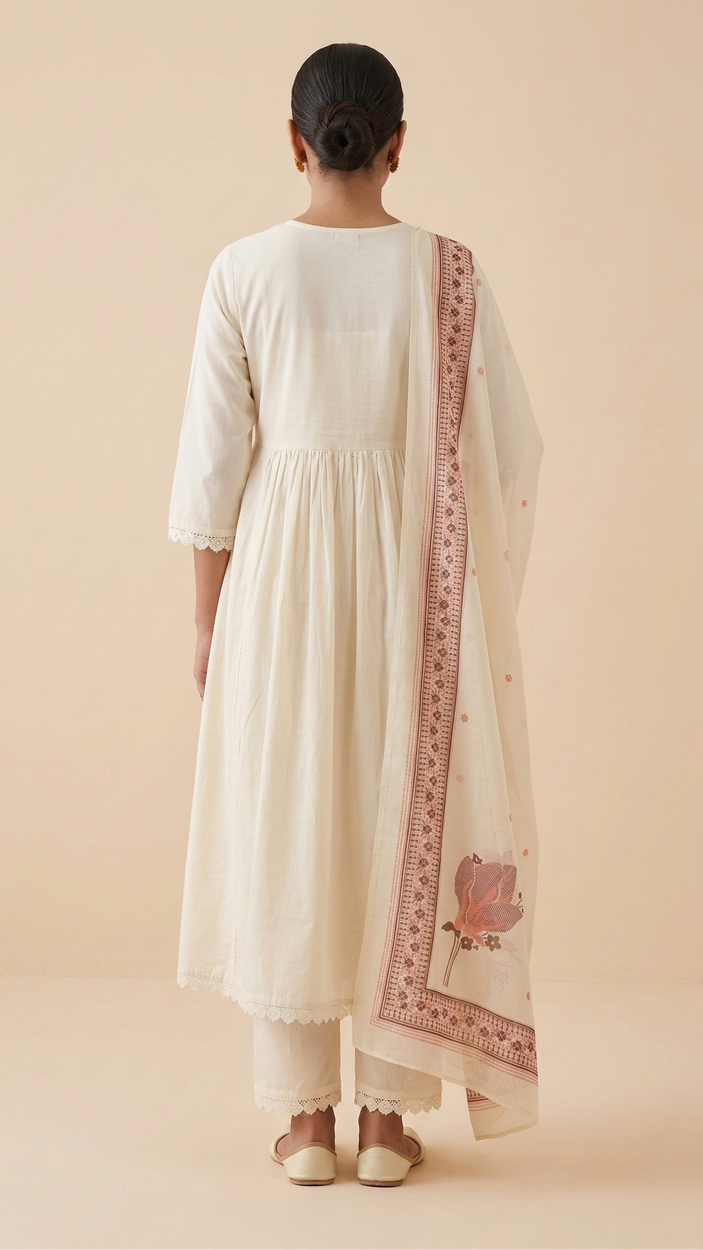 Ivory Mul Cotton Kurta Set with Floral Thread Work & Printed Cotton Dupatta – 3 Piece Ethnic Wear