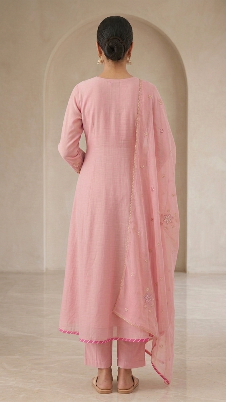 Blush Pink Mul Chanderi A-Line Kurta Set with Floral Thread Work & Embroidered Dupatta – 3 Piece Ethnic Wear