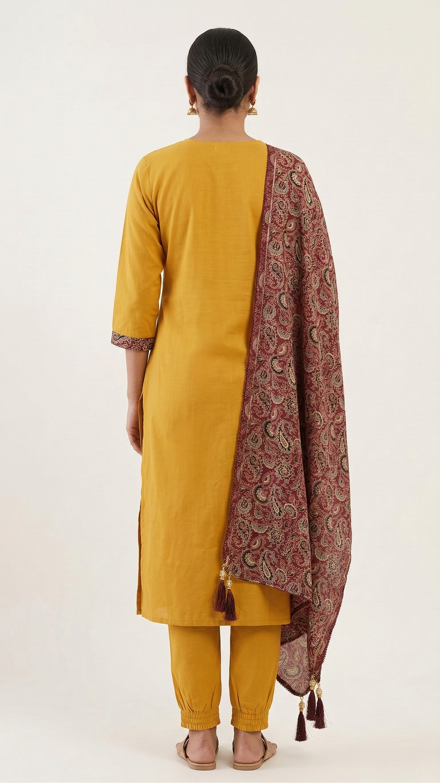 Mustard Cotton A-Line Kurta Set with Pocket & Ajrak Print Dupatta – 3 Piece Ethnic Wear