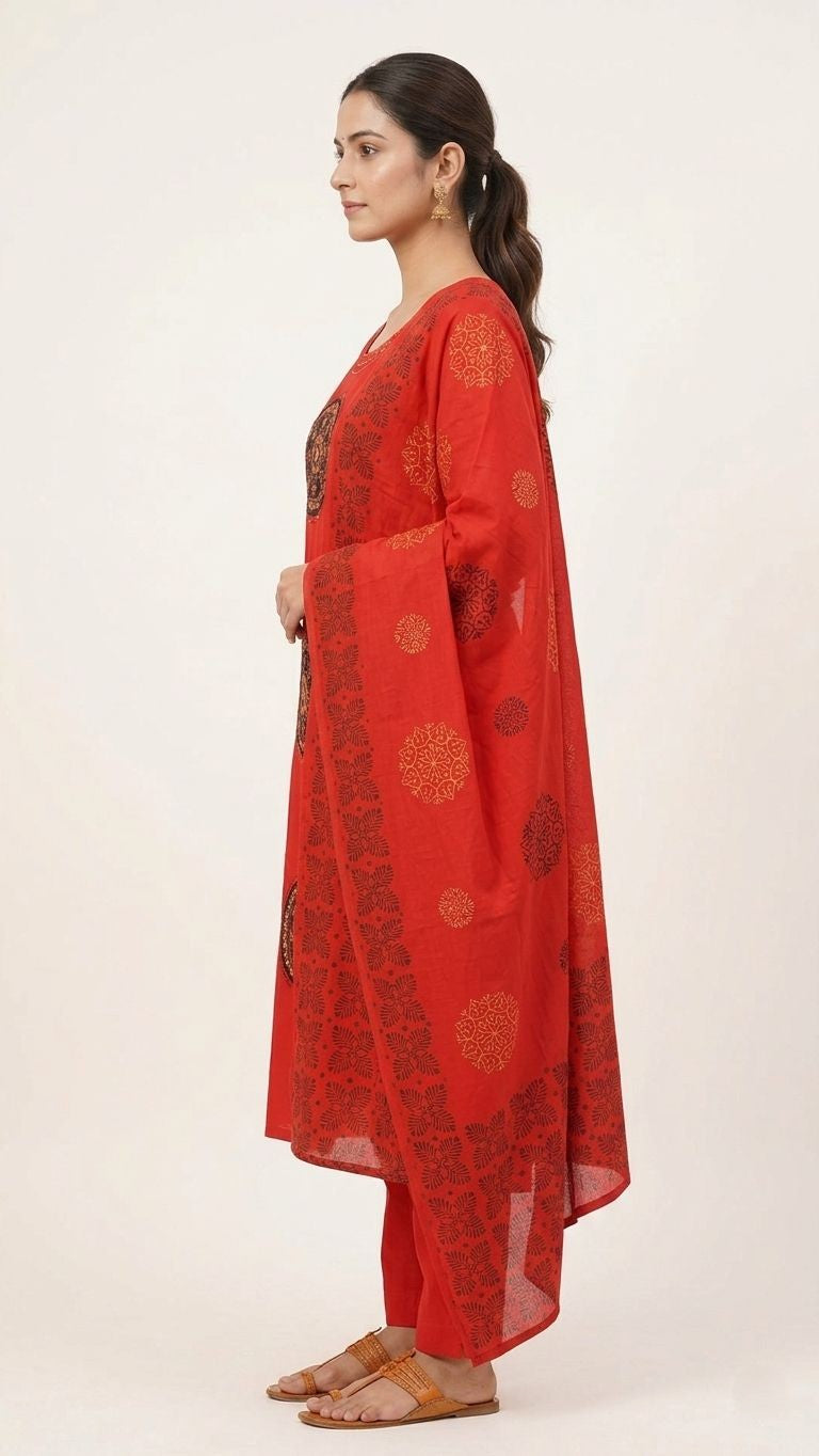 Red Dabu Print Cotton A-Line Kurta Set with Printed Dupatta – 3 Piece Set