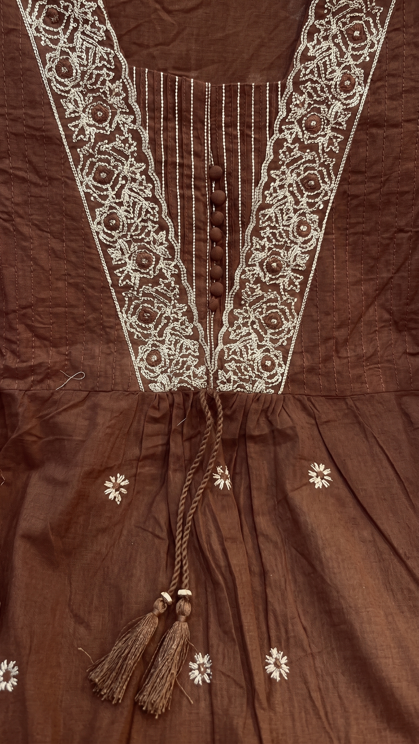 Chocolate Brown Mul Cotton A-Line Kurta Set with Thread Work & Dupatta – 3 Piece Set