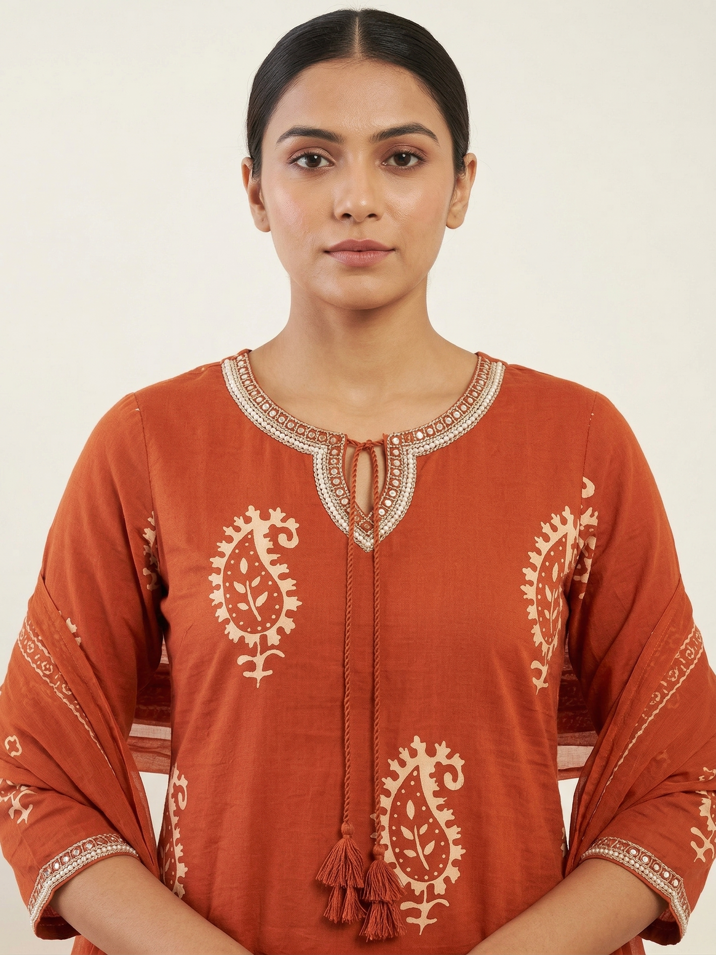 Rust Jaipuri Cotton Kurta Set with V-Neck Mirror Work & Printed Dupatta – 3 Piece Ethnic Wear
