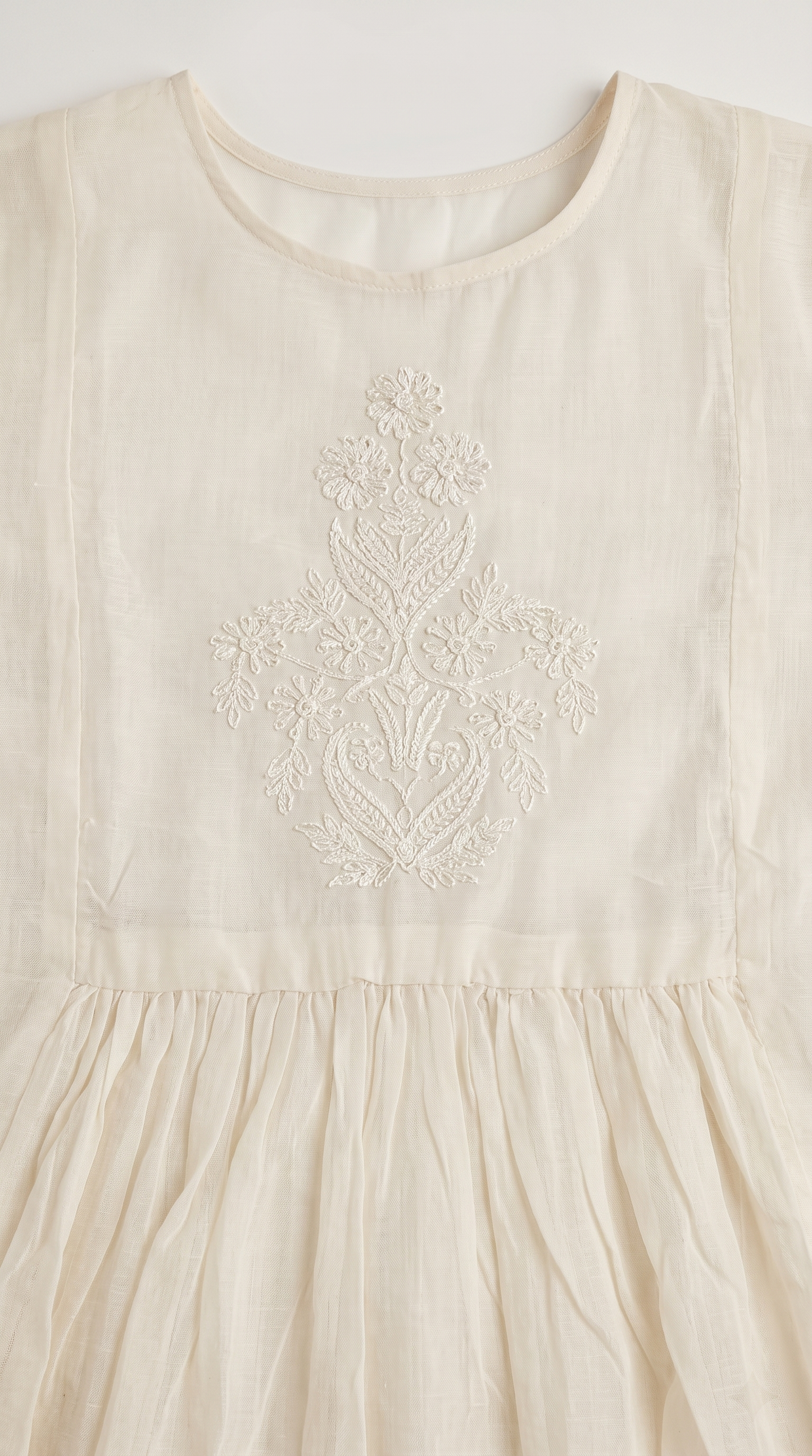 Off White Mul Cotton Anarkali Kurta Set with Mirror & Thread Work – 3 Piece Set