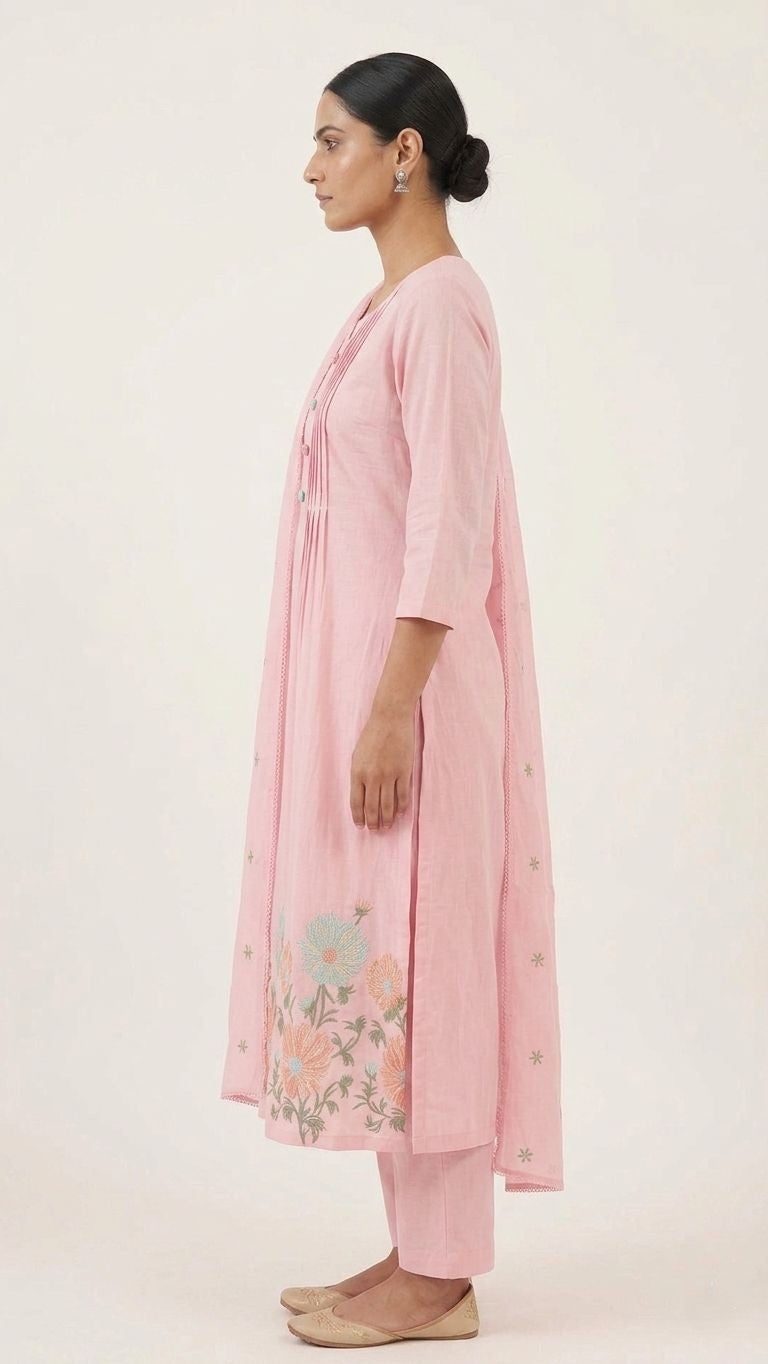 Blush Pink Mul Chanderi A-Line Kurta Set with Embroidery – 3 Piece Set