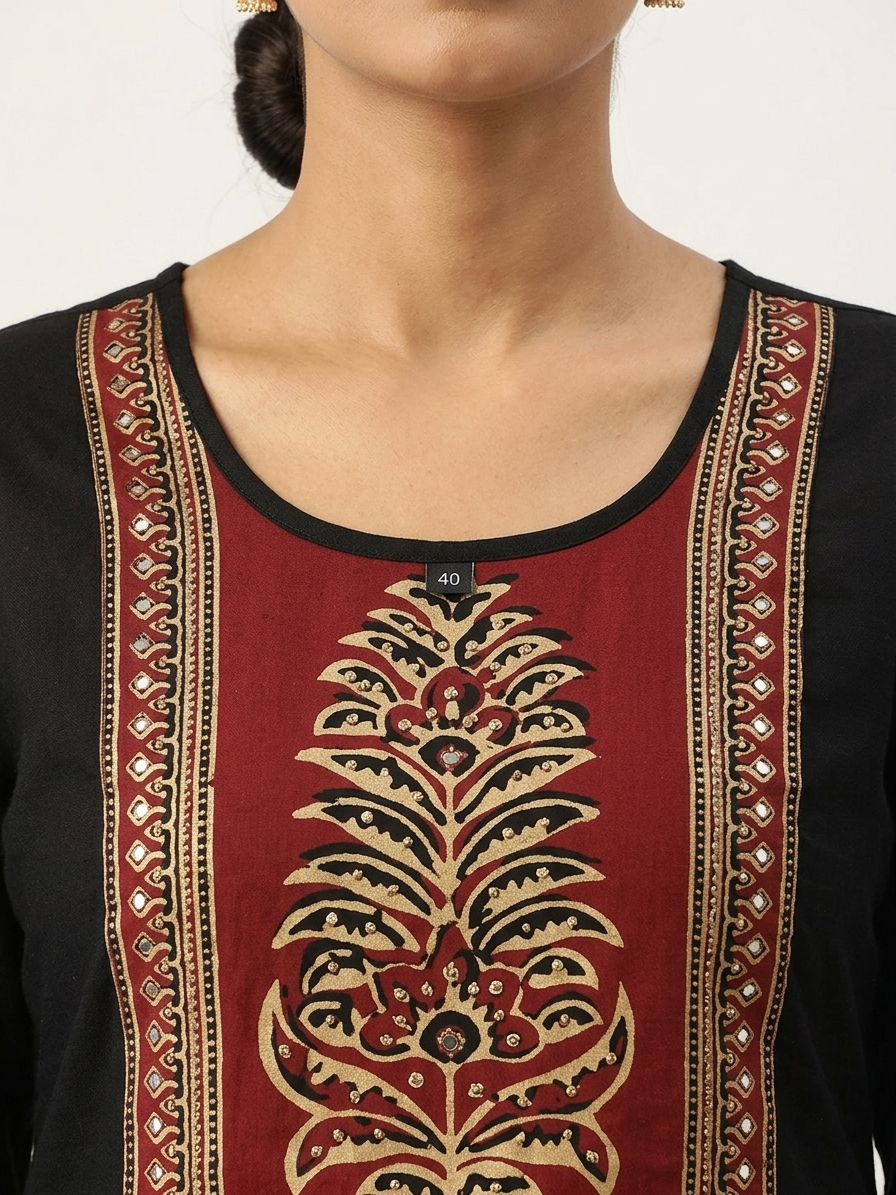 Black Jaipuri Cotton Kurta Set with Handworked Neck & Ajrak Print Dupatta – 3 Piece Ethnic Wear