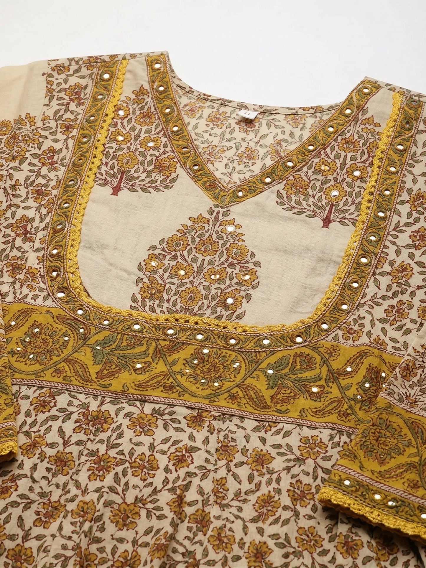 Beige & Mustard Jaipuri Cotton Anarkali Kurta Set with Printed Dupatta – Frock Style 3 Piece Set